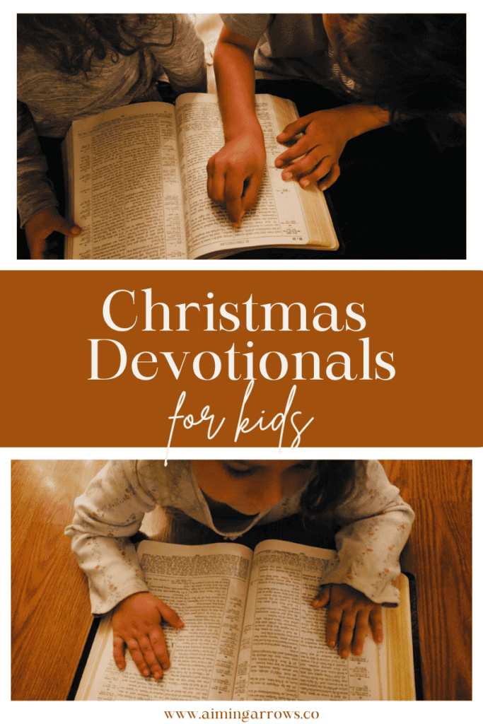 Christmas Devotionals for kids, children reading the Bible under the Christmas tree